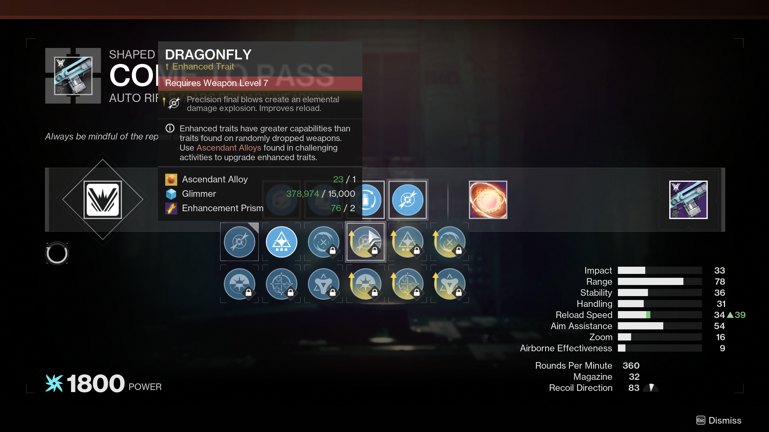 Destiny 2 weapon crafting screen with selectable traits.