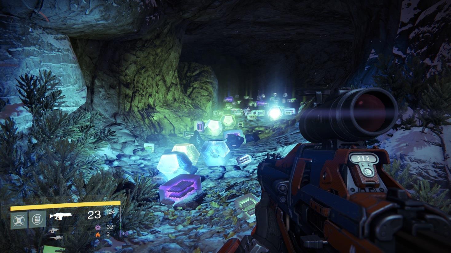 Destiny gameplay screenshot showing engrams and ammunition inside the Skywatch loot cave.